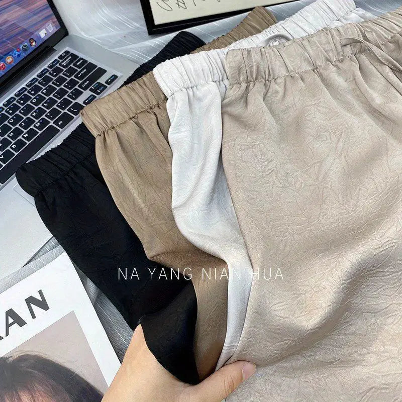 Spring Summer Ice Silk Satin Women's Pants Commuting High Waist Loose Straight Drape Casual Wide Leg Folds Full Length Pants