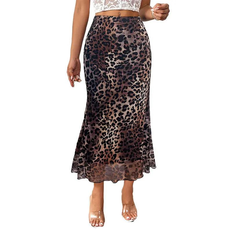 Women's Half Skirt Classic High Waisted Office Female Loose A-line Skirt Fashionable and Elegant Leopard Print Ladies Long Skirt