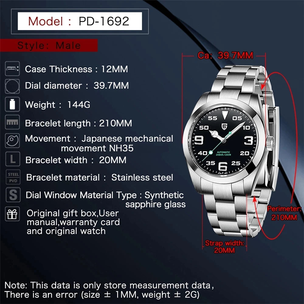 PAGANI DESIGN 40MM Men's Automatic Mechanical Wristwatch Luxury Sapphire AR Glass Waterproof Clock Watch for Men Stainless Steel