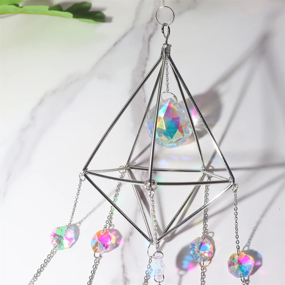 Wind Chime Crystal Light Catcher Hanging Ornament diamond Moon Prism Metal Frame Lighting Ball Bead Jewelry Curtains Home Decor