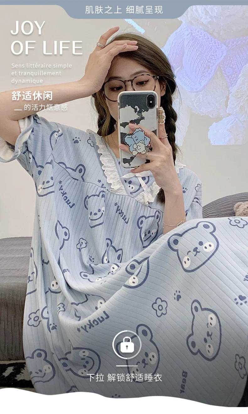 Summer New Knitted Cotton Kawaii Girls Checked Sleep Dress Women's Nightgowns Nighttie Sleepshirts Ladies Dresses Home Fashion