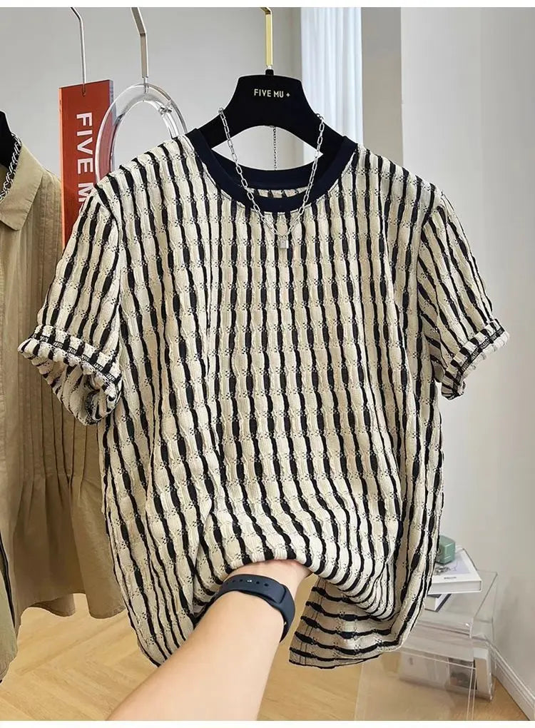 Men's Summer Hollow Stripes Short Sleeved Men's O-Neck Hip-hop Street High Street Couple T-shirt Streetwear Outdoor for Clothing