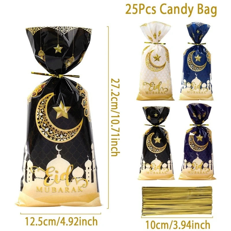 50pcs Eid Mubarak Gift Bags Plastic Bag Cookie Candy Ramadan Kareem Decoration 2024 Islamic Muslim Party Packaging Bag Pouch