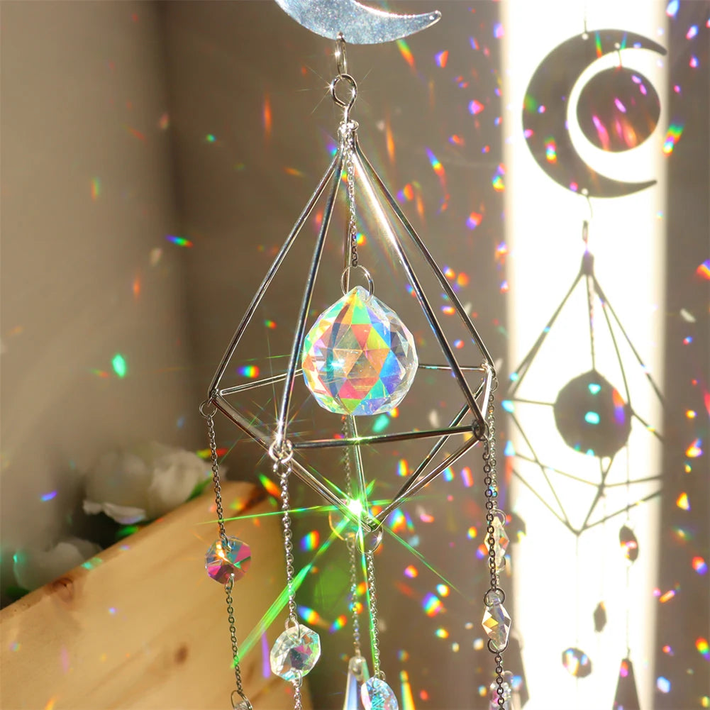 Wind Chime Crystal Light Catcher Hanging Ornament diamond Moon Prism Metal Frame Lighting Ball Bead Jewelry Curtains Home Decor