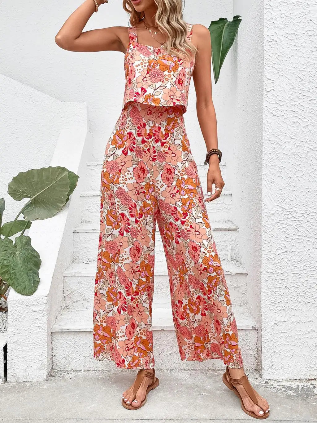 Elegant Long Jumpsuit Women Sexy Backless Wide Leg Jumpsuits Casual Sleeveless Floral Rompers Summer Clothes For Woman 2024 New