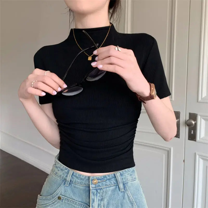 Fashion Women's Short T-shirt middle collar Slim fit Short Sleeve Casual Tee Tight Folds Wild High Waist Workout Yoga Tops