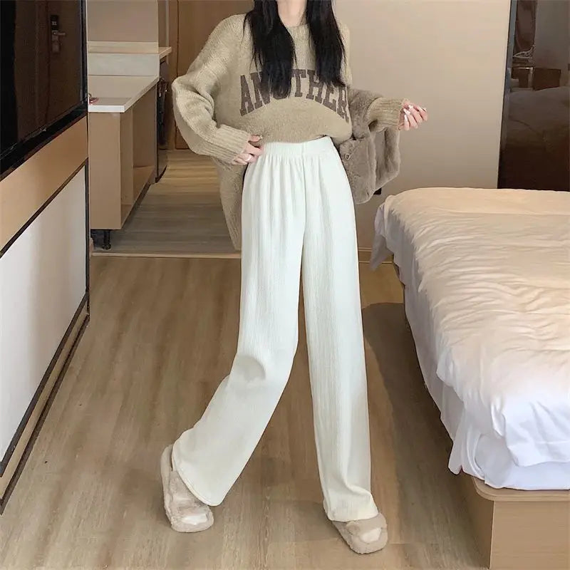 Women Autumn Winter Wide-Leg Pants High-Waist Casual Drape Loose Straight Pants Fleece Elastic Waist Fashion Mopping Pants