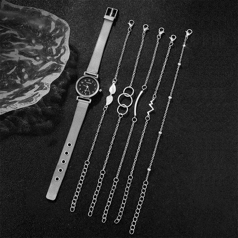 6PCS Set Women Watches Fashion Ladies Quartz Watch Bracelet Set Silvery Mesh Luxury Women Watches Dress Clock Montre Femme