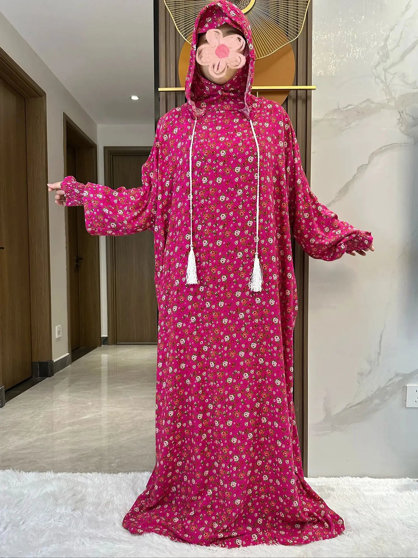 New Ramadan Muslim Two Hats Abaya Dubai Turkey Islam Prayer Clothes Floral Cotton Long Dress Islam Women Dress Kaftan