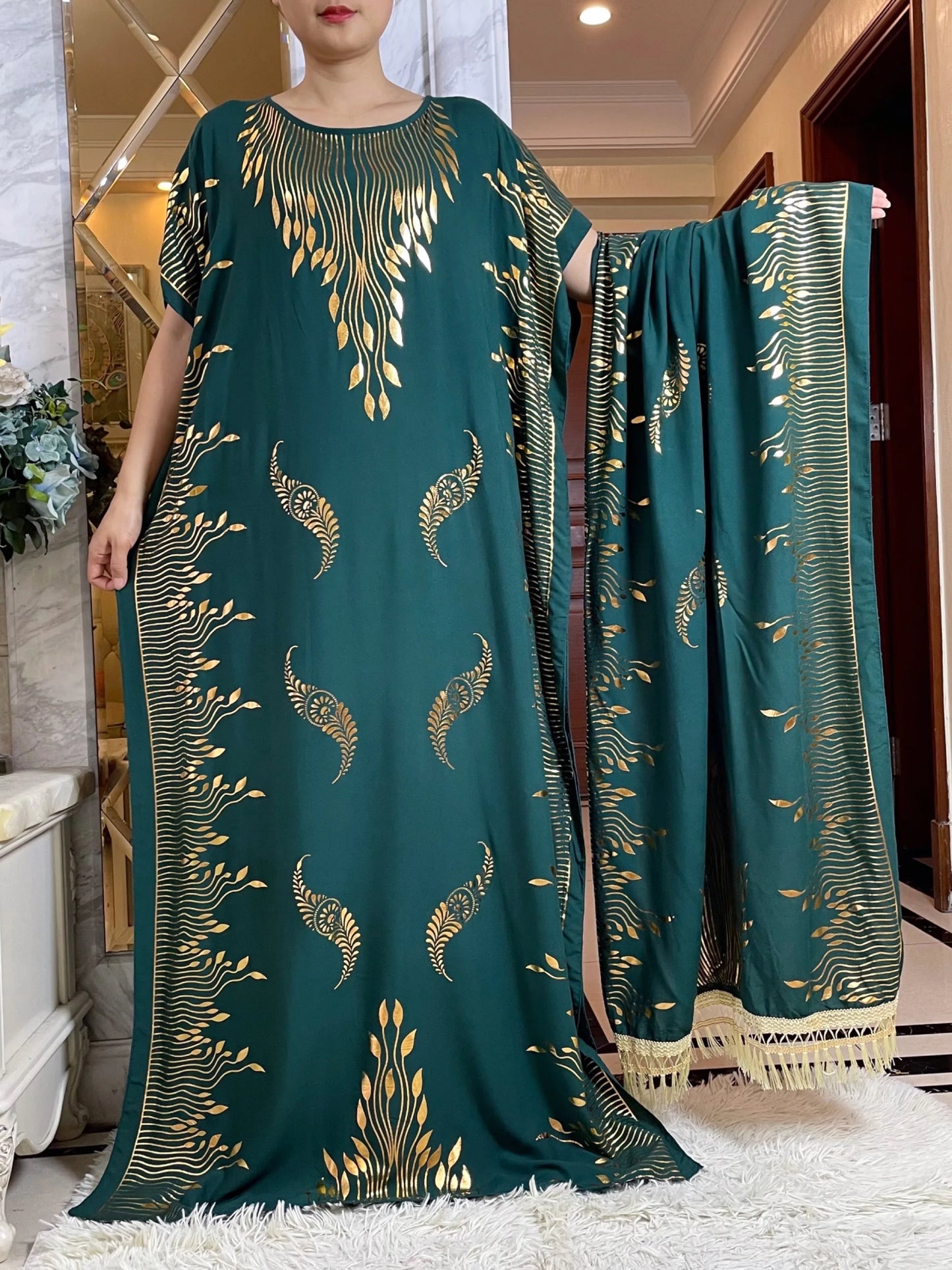 Dubai New Abaya For Women  Summer Short Sleeve Cotton Dress Gold Stamping Loose Lady Maxi Islam African Dress With Big Scarf