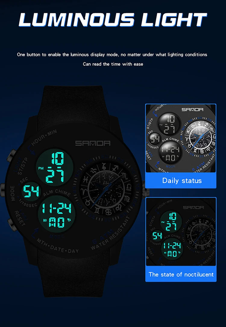 SANDA 2023 Fashion Outdoor Mens Watches Top Brand Military Sports Quartz Watch Dual Display Creative Wristwatch Waterproof Clock