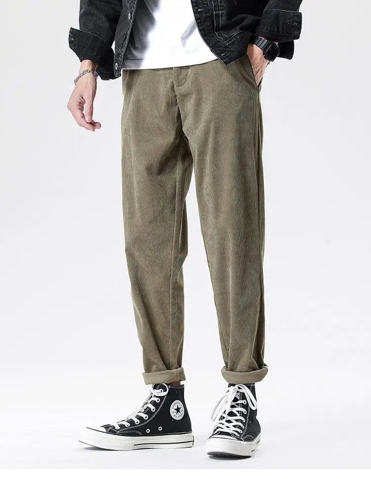 Men's Fleece Straight-leg Pants Casual Slim Fit Thick Solid Color Ankle Trousers Corduroy Drawstring Warm Jogger Sweatpants