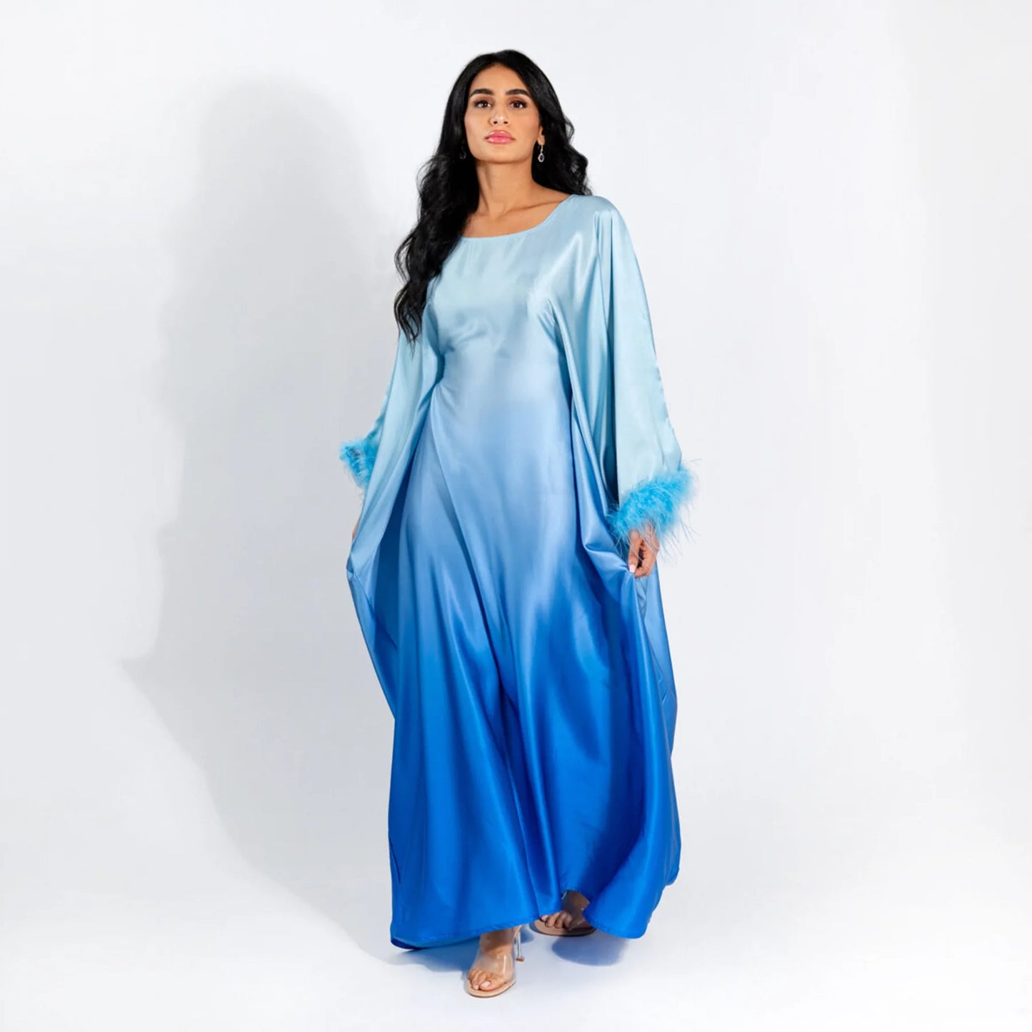 Gradient color feather batwing sleeves muslim abaya turkish dresses Dubai Luxury 2024 Islam Muslim Kaftan Modest Dress For Women