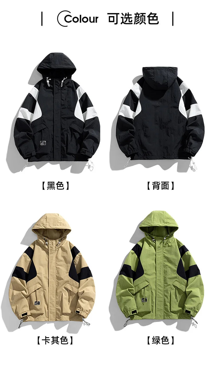 Spring Autumn Unisex Casual Jacket Waterproof Drawstring Patchwork Zipper Big-pocket Hooded Hiking Travel Plus Size 8xl Jacket