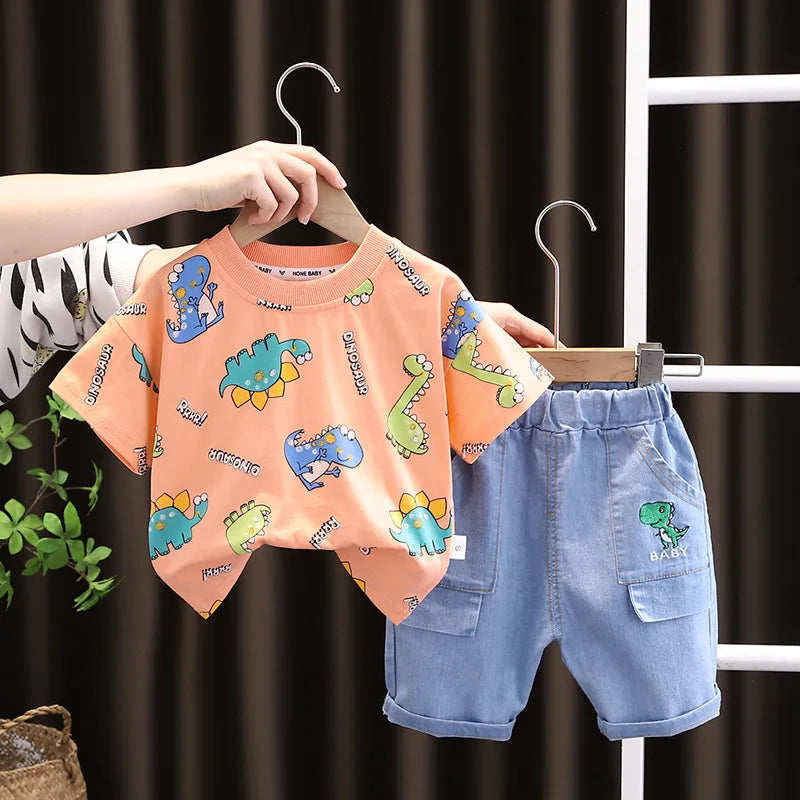 Summer Baby Boys Clothing Suits Childrens Set Dinosaur Print Tshirt+Denim Shorts 2 Pcs/sets Fashion  Children'clothes