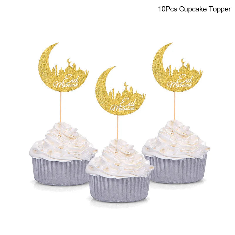 Golden Eid Mubarak Acrylic Cake Toppers Castle Moon CupCake Topper for Ramadan Islamic Muslim Festival Party Cake DIY Decoration