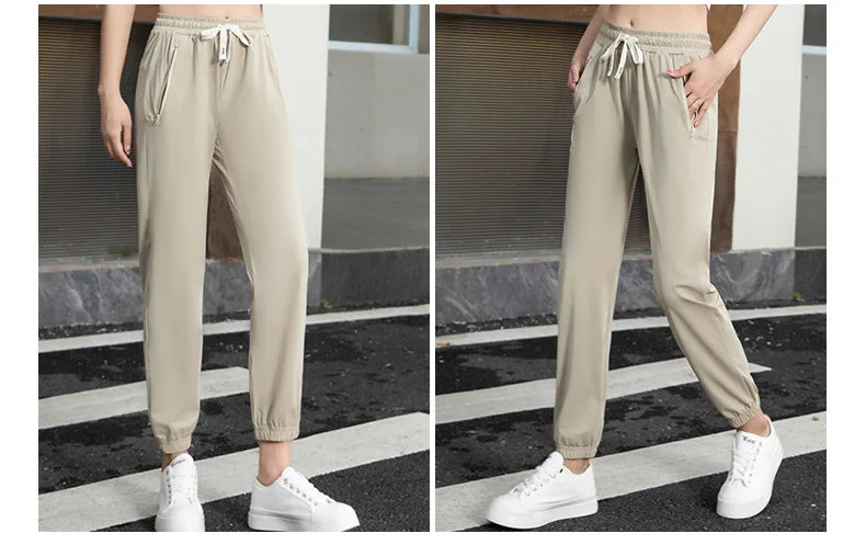 Women Pants Ice Silk High Waist Casual Ankle-Length Trousers Elastic Waist Soft Lightweight Quick-drying Sunscreen Trousers