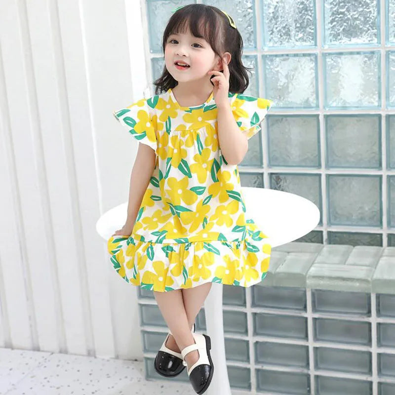 Girl Dresses100% Cotton Children's Clothing Summer Kids Clothes Girls Party Princess Fashion Outfit Flower Pattern Beach Dresses