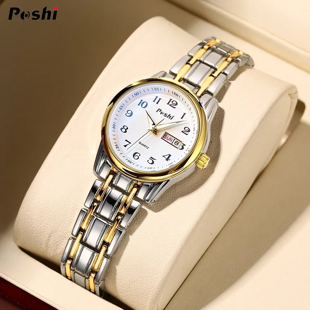 POSHI Luxury Ladies Dress Watch Luminous Waterproof Week Date Woman Wristwatch Stainless Steel Women Quartz Watches Clock Gifts