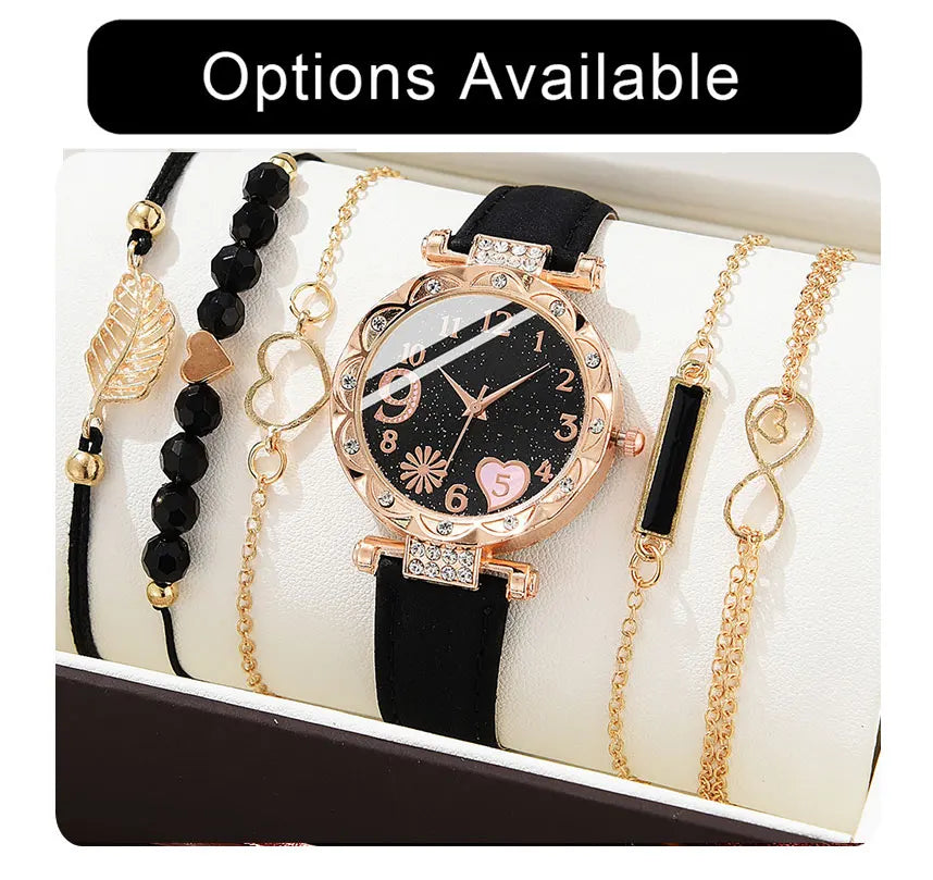 5PCS Set Watch For Women Luxury Leather Analog Ladies Quartz Wrist Watch Fashion Bracelet Watch Set Female Relogio Feminino