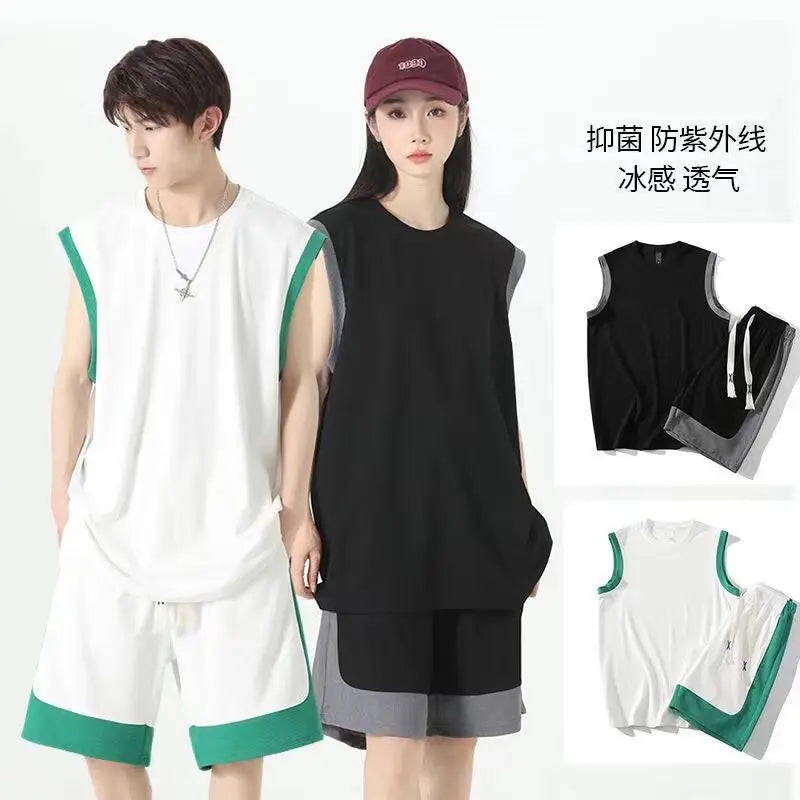 2 pcs Suit Summer Sleeveless Vest Sports Shorts Set Patchwork Casual Basketball Sportwears Breathable Loose Training Shorts Set