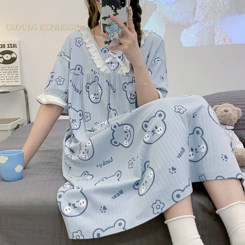 Summer New Knitted Cotton Kawaii Girls Checked Sleep Dress Women's Nightgowns Nighttie Sleepshirts Ladies Dresses Home Fashion