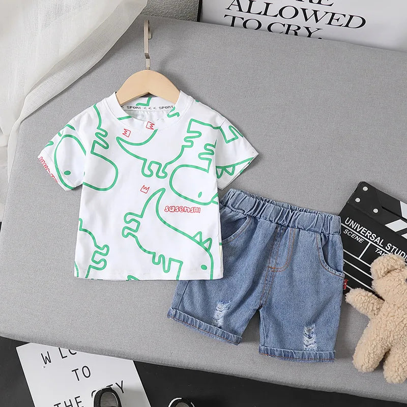 Summer Baby Boys Clothing Suits Childrens Set Dinosaur Print Tshirt+Denim Shorts 2 Pcs/sets Fashion  Children'clothes