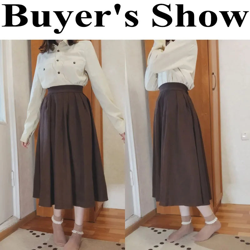 Xpqbb Korean Style Women's Midi Skirt 2022 Autumn High-Waisted Corduroy Long Skirt Women College Style Pleated A-Line Skirts