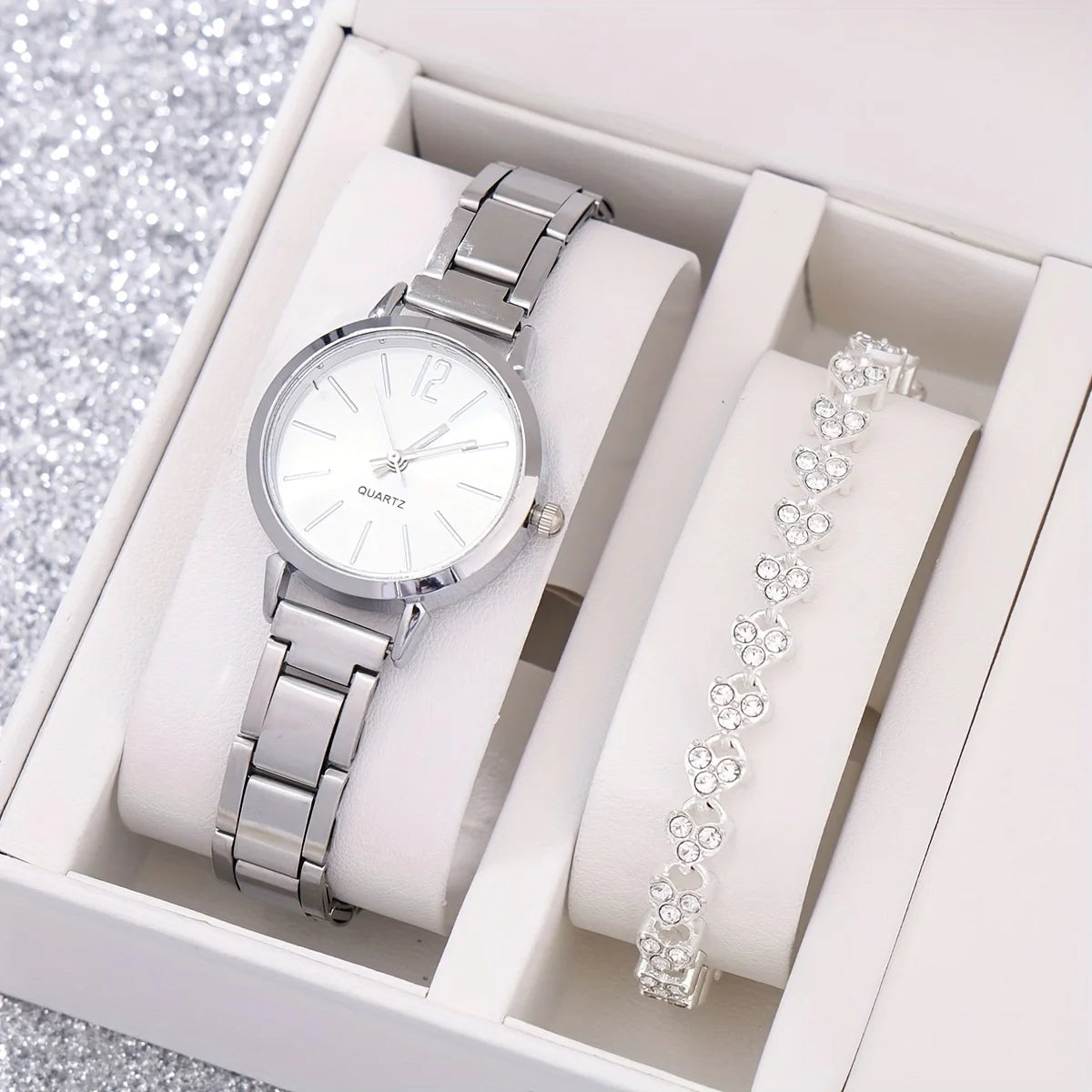 2Pcs Quartz Watches For Women Alloy Wrist Watch Bracelet Great Gift For Her Mom Girlfriend Gifts For Eid