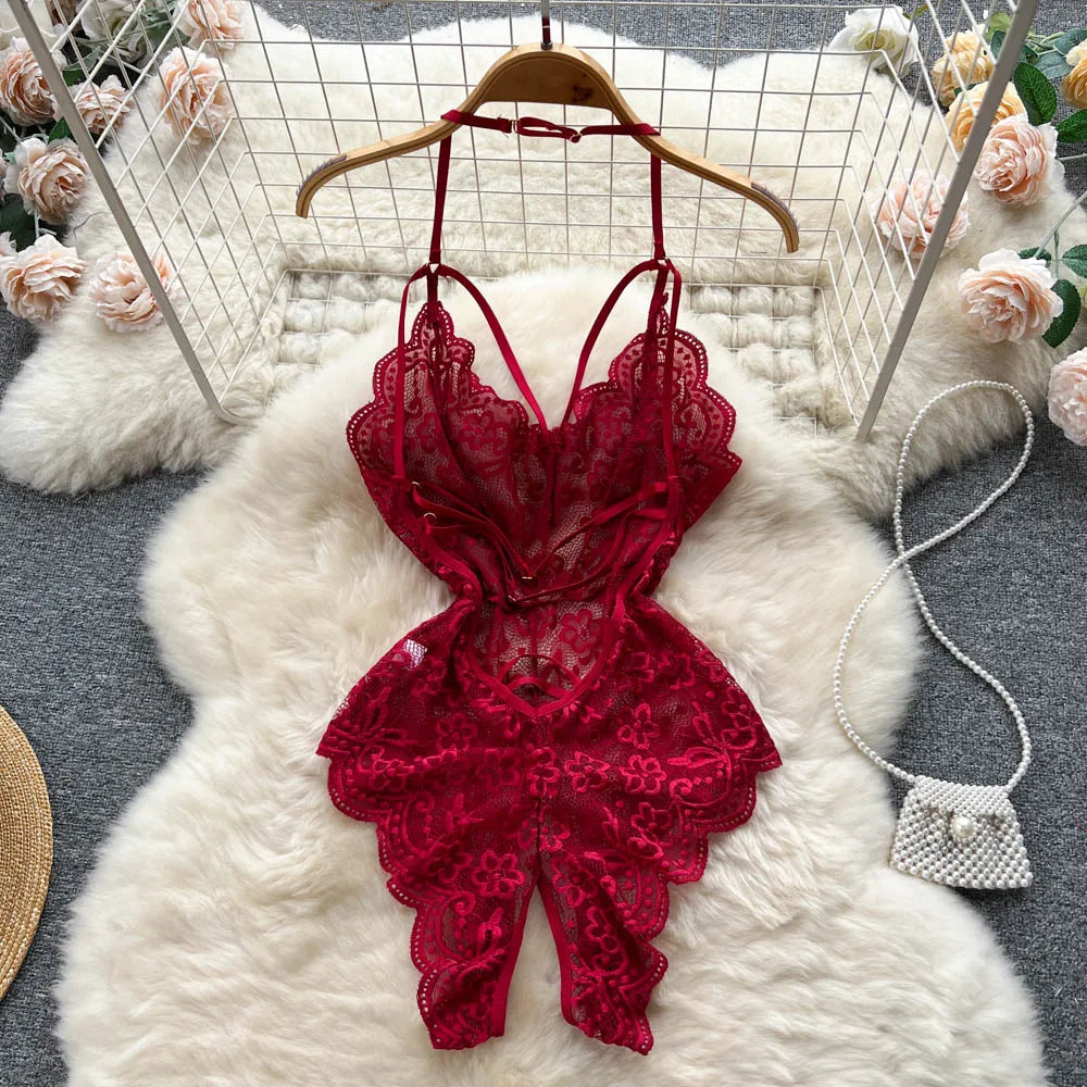 CHILLGIO Sexy Floral Lace Strappy Rompers Women Transparent Erotic Tight Combination Catsuits Club One Piece Backless Bodysuits