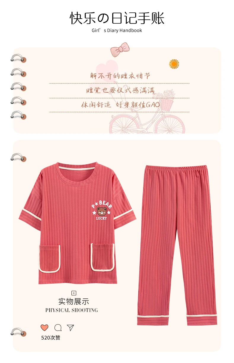 Big Size 5XL Pajama Sets Short Sleeved Cartoon Bear Knitted PJ Plaid Sleepwear Elegant Women's Pajamas Lounge Home Pijama Mujer