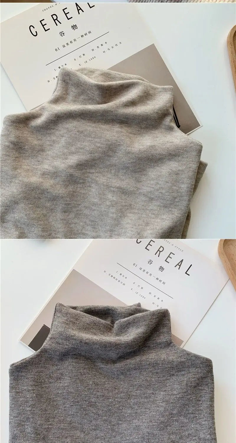 Winter Semi High Collar Long Sleeved T-shirt Women Solid Color Casual Slim Basic Inner Fashion Elegant Warm Gray T Shirt Top