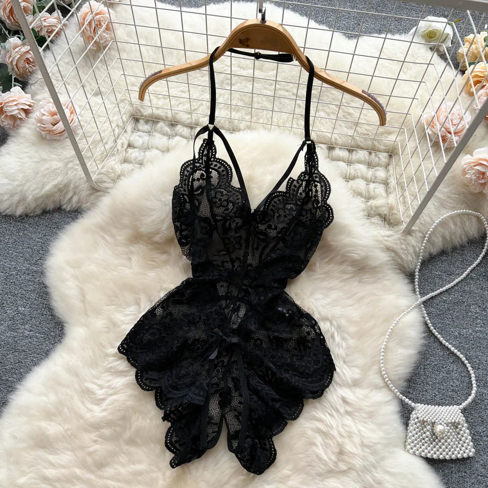 CHILLGIO Sexy Floral Lace Strappy Rompers Women Transparent Erotic Tight Combination Catsuits Club One Piece Backless Bodysuits