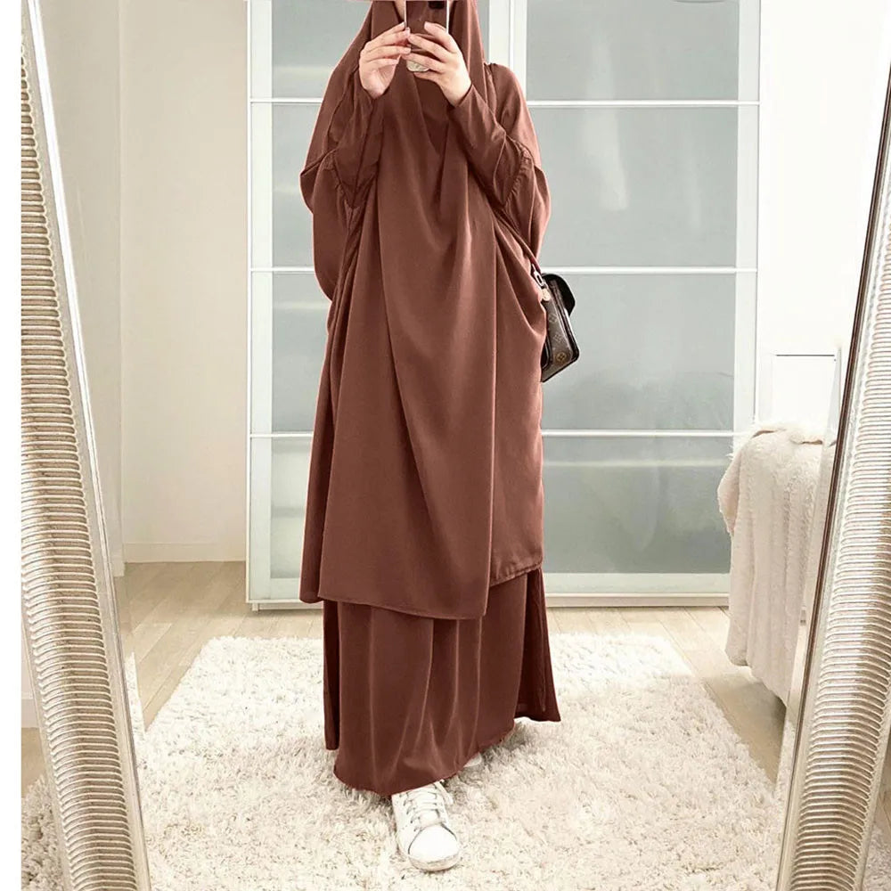 Women 2 Piece Dress Muslim Prayer Set Khimar Abaya Overhead Hijab Skirt Full Cover Islam Clothing Middle East Worship Kaftan New