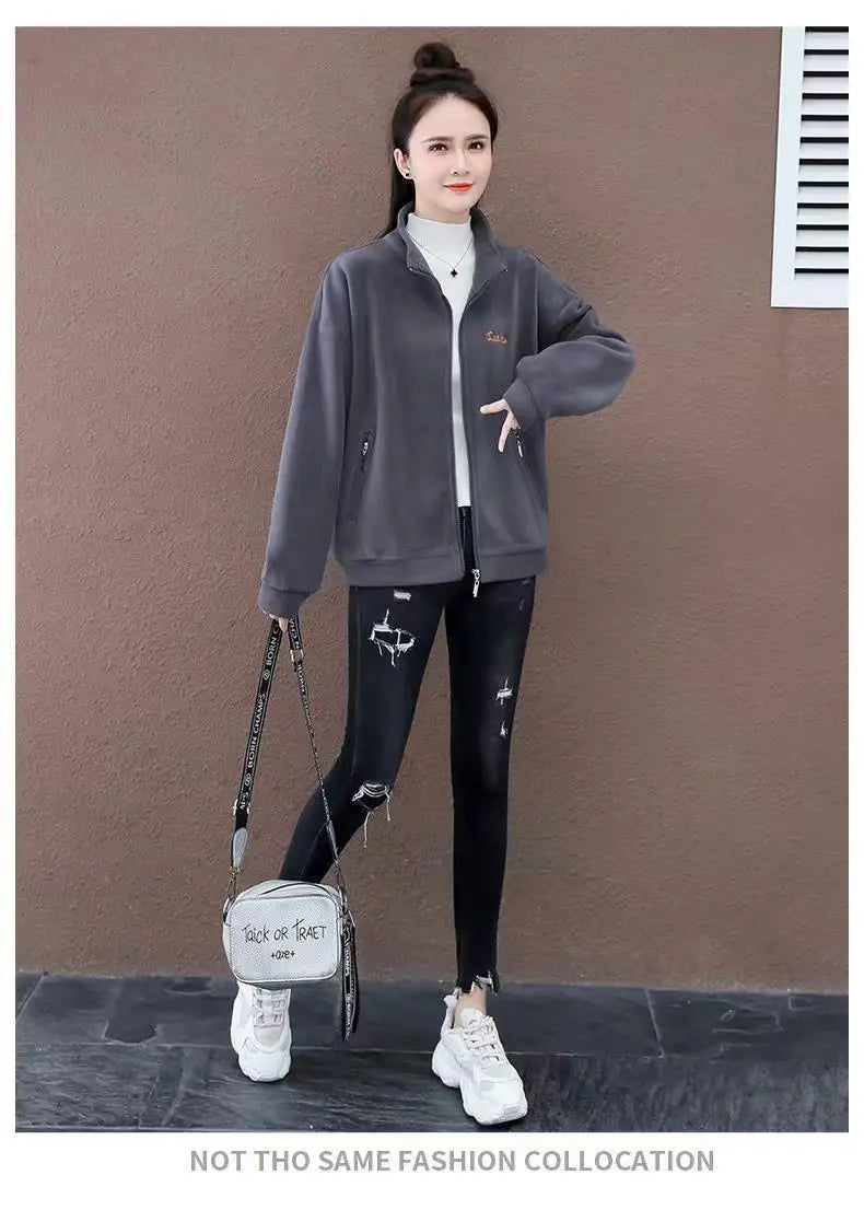 Autumn Winter Double Sided Polar Fleece Warm Coat Women Zipper Outdoor Running Sports Cardigan Warm Printing Letter Sweatshirt