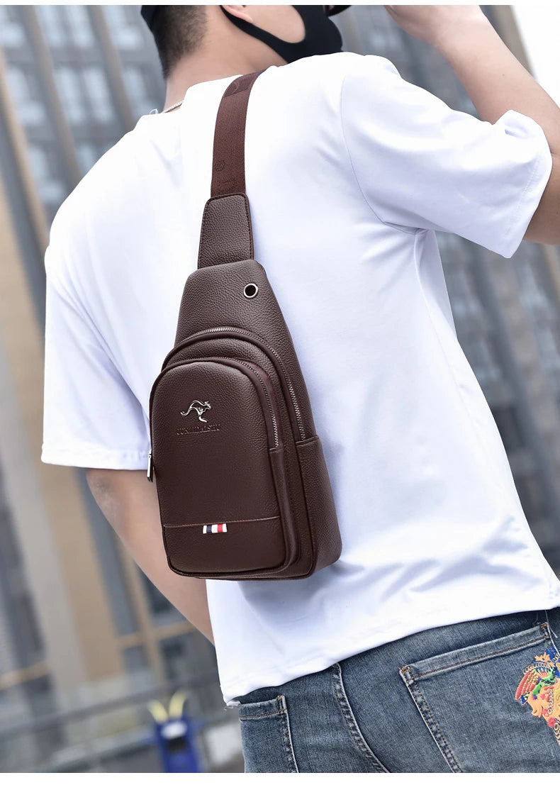 Kagaroo Luxury Brand Chest Pack Men Crossbody Bag Leather Chest Bag Travel Sling Bag Black Brown Messenger Shoulder Bag Male