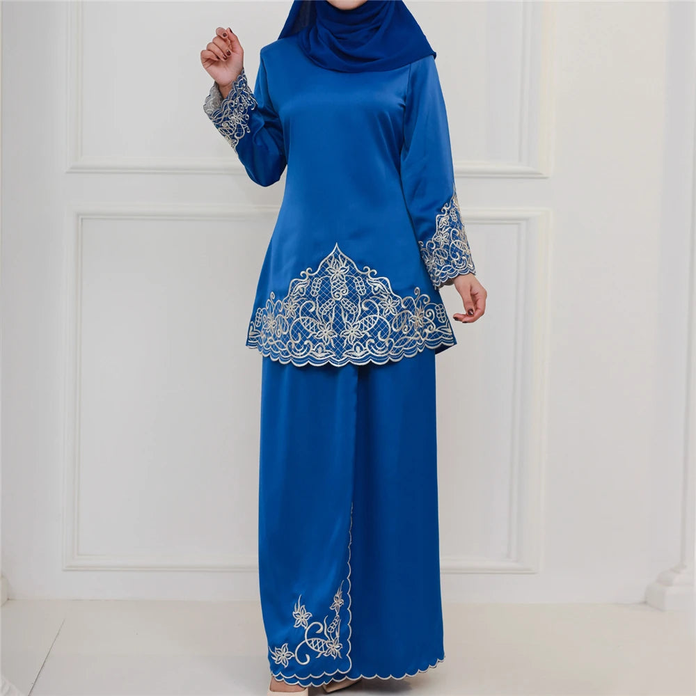 Muslim Sets Long Sleeve Tops Skirts Malaysia Baju Kurung Turkish Suit Embroidery Casual Solid Women Matching Set Ladies Outfits