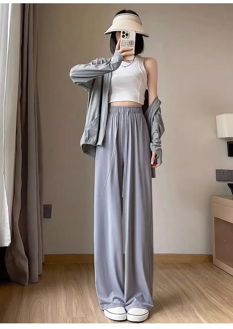 Summer High Waisted Wide Leg Pants Thin Sun Protection Elastic Waist Ice Silk Cool Quick Drying Casual Trousers Women Clothing