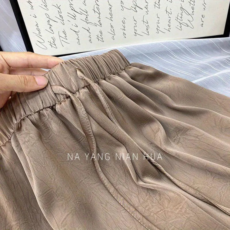 Spring Summer Ice Silk Satin Women's Pants Commuting High Waist Loose Straight Drape Casual Wide Leg Folds Full Length Pants