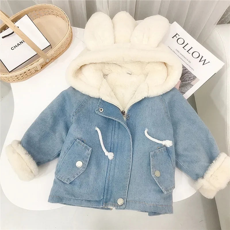 Jacket for Girls Boy Children's Denim Jackets Warm Fur Cowboy Coat Baby Rabbit Ear Hooded Velvet Outerwear Kids Winter Clothes