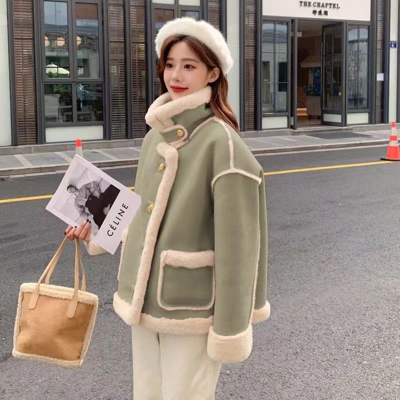 Vintage Thickened Locomotive Women Jacket Long Sleeve Warm Lamb Wool Casual Chic Coat Loose Contrasting Colour Motorcycle Coat