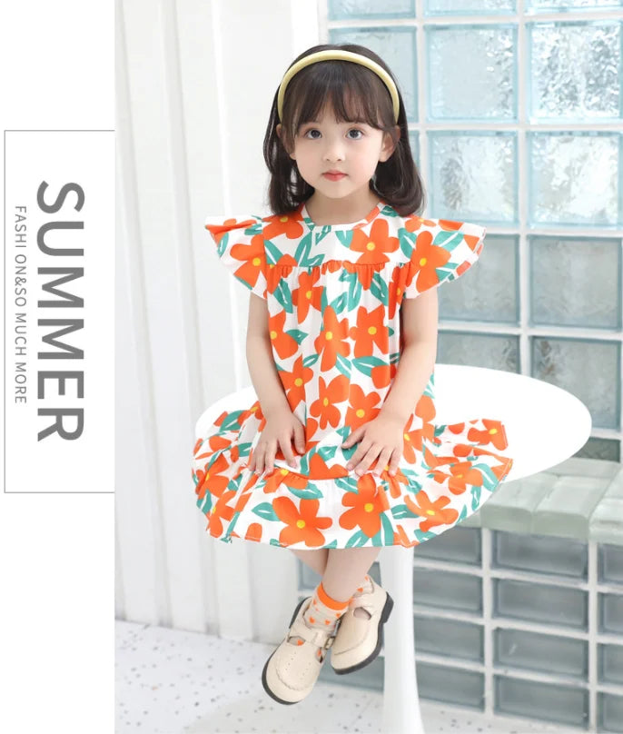 Girl Dresses100% Cotton Children's Clothing Summer Kids Clothes Girls Party Princess Fashion Outfit Flower Pattern Beach Dresses