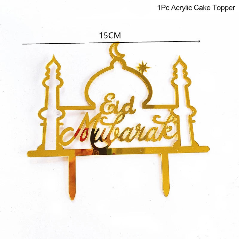 Golden Eid Mubarak Acrylic Cake Toppers Castle Moon CupCake Topper for Ramadan Islamic Muslim Festival Party Cake DIY Decoration