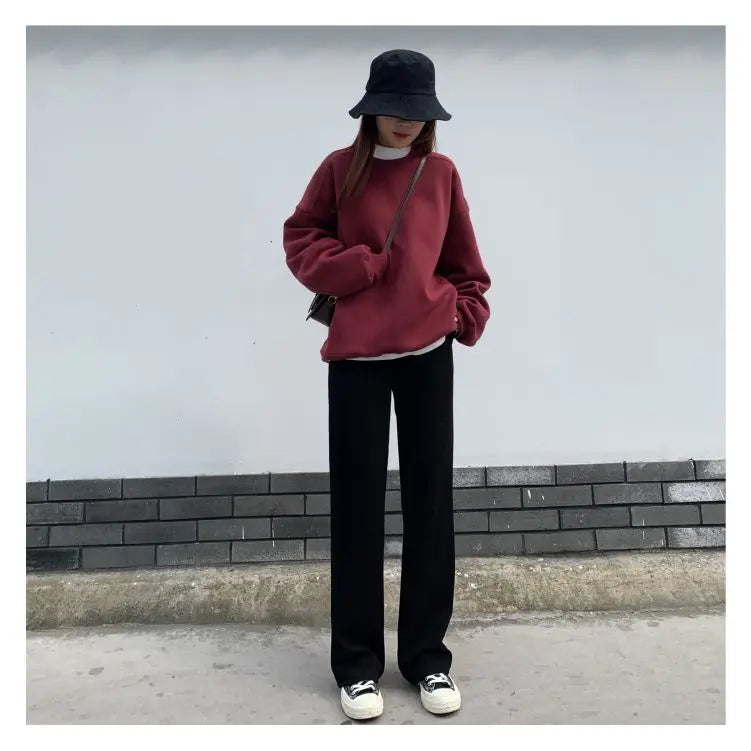 Winter Women Black Fleece Lined Wide Leg Pants Thicken Warm Baggy Drape Sweatpants High Waist Casual Corduroy Straight Pants