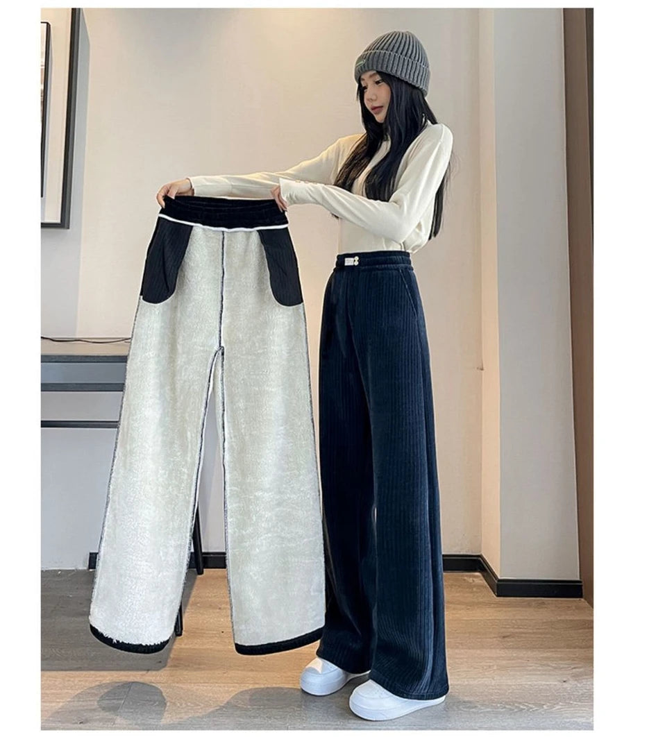 Women Winter Fleece Lined Wide Leg Pant Korean Warm Baggy Fashion Casual Corduroy Elastic Waist Stright High Waist Trousers