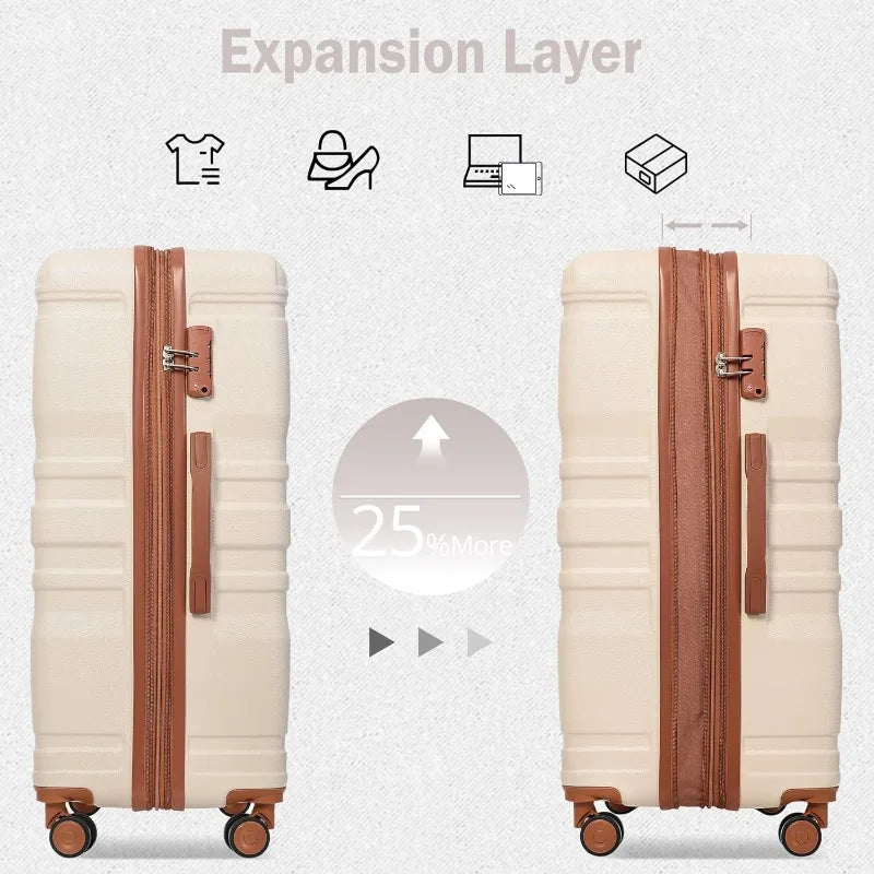 Luggage Sets 3 Piece Suitcase, Hardside Suit case with Spinner Wheels Lightweight TSA Lock, Ivory/Brown, 20/24/28 Inch