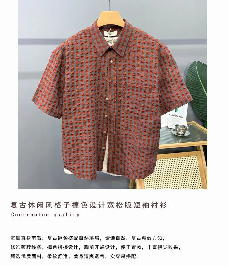 Red Plaid Short Sleeves Shirt Men 2024 Korea Handsome Hip-hop Fashion Streetwear Loose with Pocket Casual Shirt Men Clothing