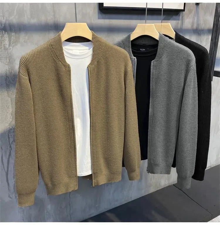 Men's Knitted Cardigan Warm Double Zipper Pit Stripe Slim Fit Sweater Casual Versatile Trend Baseball Collar Sweater Coat