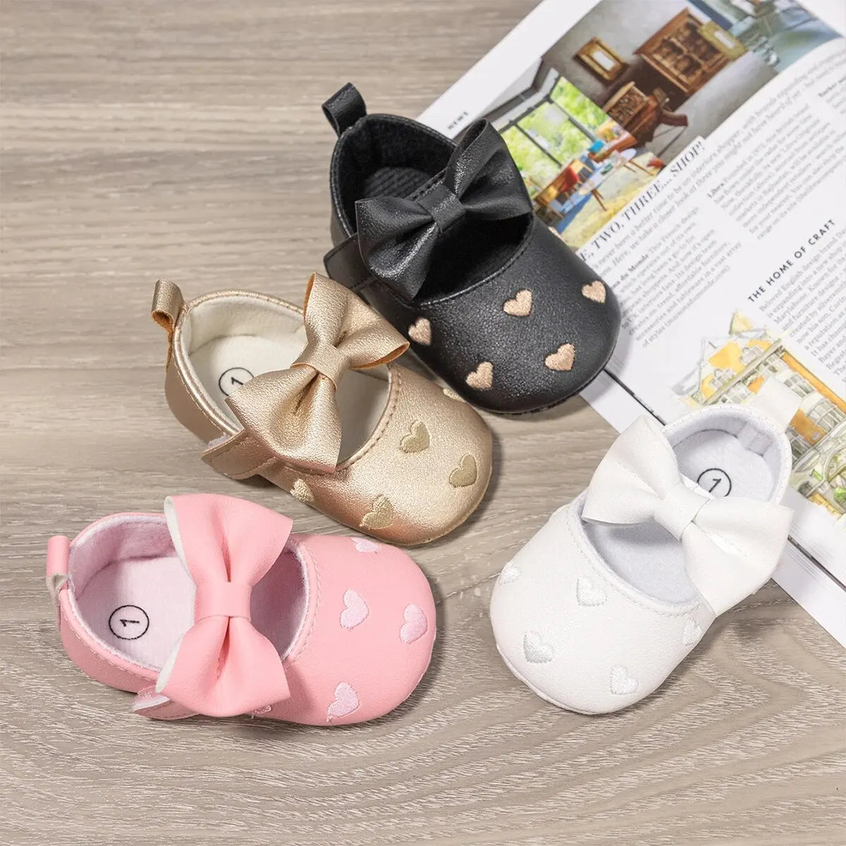 Meckior Baby Shoes Classic Dress Cute Bow-knot Heart Anti-slip Soft Sole First Walkers Infant Baby Girls Toddler Shoes 0-18m