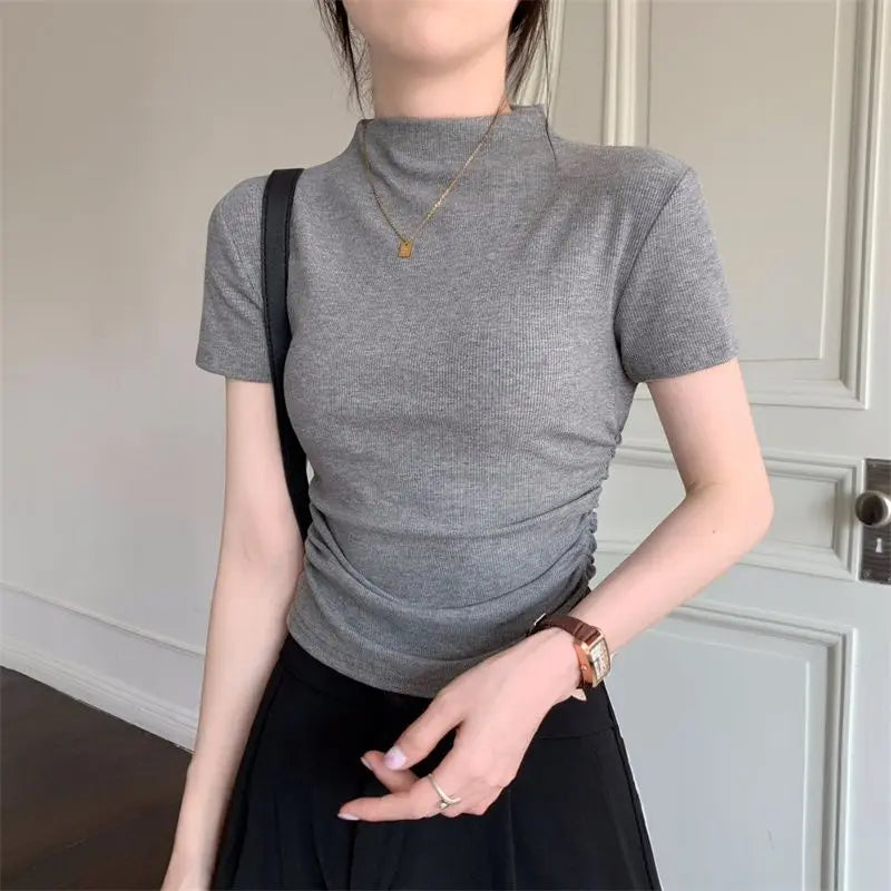 Fashion Women's Short T-shirt middle collar Slim fit Short Sleeve Casual Tee Tight Folds Wild High Waist Workout Yoga Tops